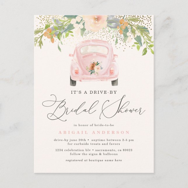 Rosa Flora-Laufwerk nach Brautparty Einladungspostkarte (Vorderseite)