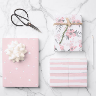 Rosa Flora, Streifen und Polka-Punkte Geschenkpapier Set