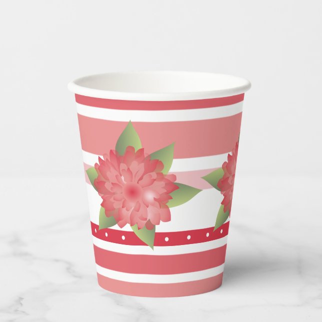 Rosa Flora und Polka-Punkte Pappbecher (Vorderseite)