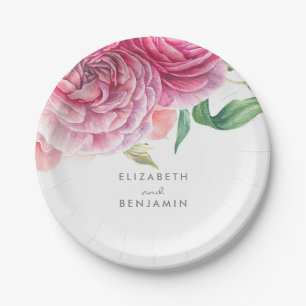 Rosa Flora Wasserfarben Elegante Botanische Hochze Pappteller
