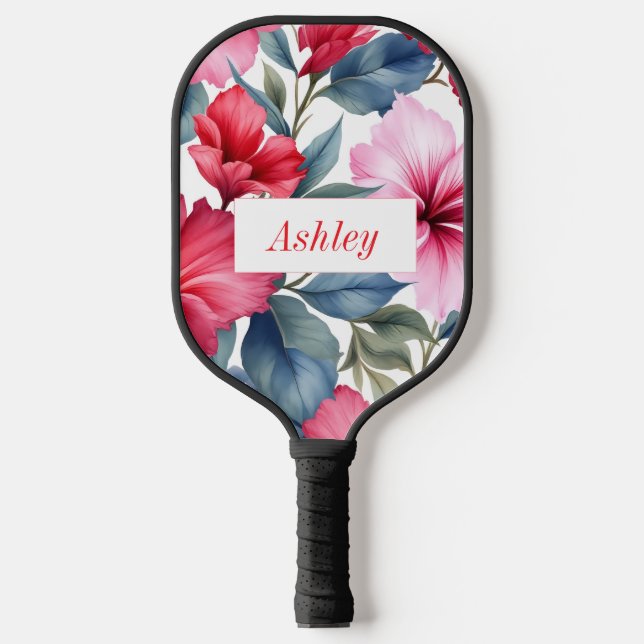 Rosa Flora Wasserfarben Elegante Pickleball Schläger (Vorderseite)