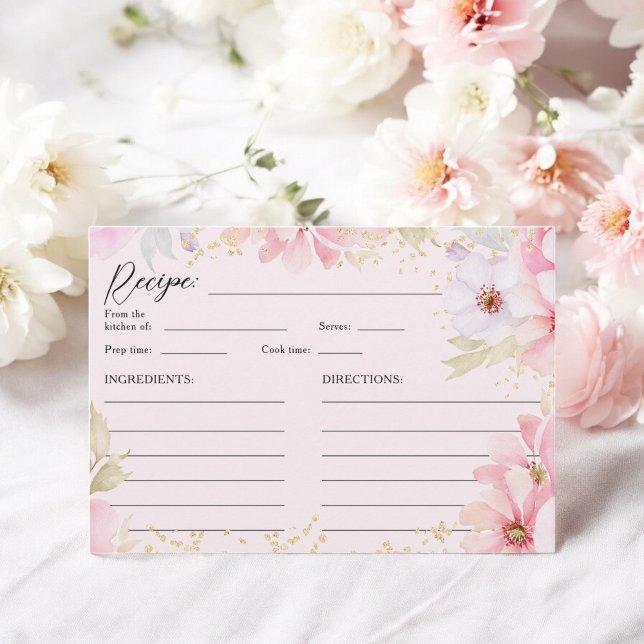 Rosa Flora Wasserfarben Glitzer Bridal Rezept Begleitkarte (Pink Floral Watercolor Gold Glitter Bridal Recipe Enclosure Card)