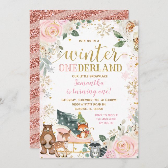 Rosa Flora Winter Snowflake Snowboardpass Einladung (Vorne/Hinten)