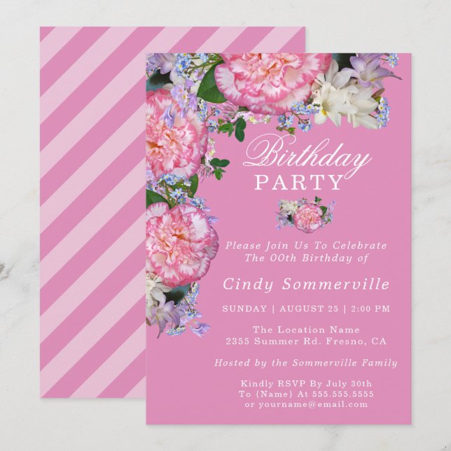 Rosa Floral 00. Geburtstagsparty Einladung (Vorne/Hinten)