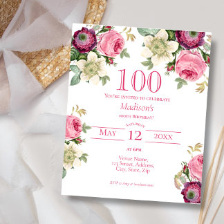 Rosa Floral | 100. Budget Geburtstagseinladung