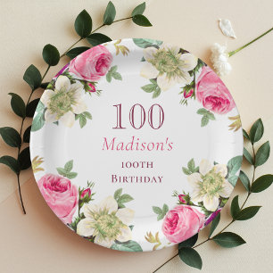 Rosa Floral 100. Geburtstag Pappteller