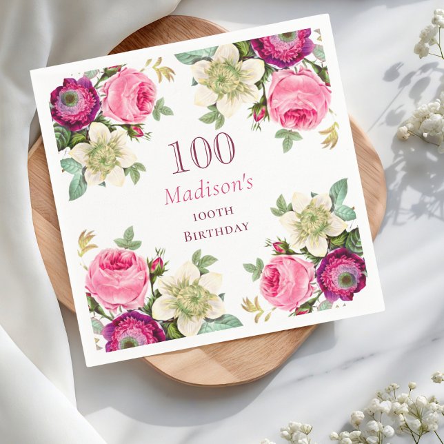 Rosa Floral 100. Geburtstag Serviette (Von Creator hochgeladen)