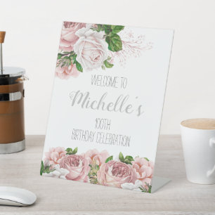 Rosa Floral 100. Geburtstags-Willkommen Sockelschild