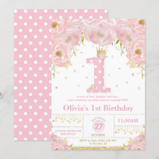 Rosa Floral 1. Geburtstag Prinzessin Einladung Mäd