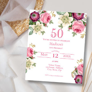 Rosa Floral | 50. Budget Geburtstag Einladung
