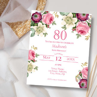 Rosa Floral | 80. Budget Geburtstag Einladung