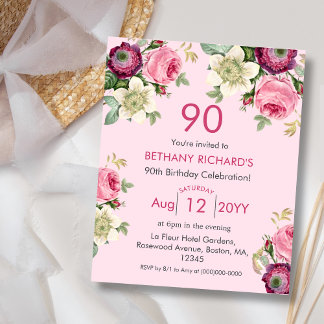 Rosa Floral | 90. Budget Geburtstag Einladung