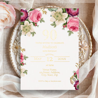 Rosa Floral | 90. Geburtstag Gold Folieneinladung