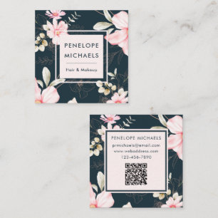 Rosa Floral auf Dunkelblauem QR-Code Quadratische Visitenkarte