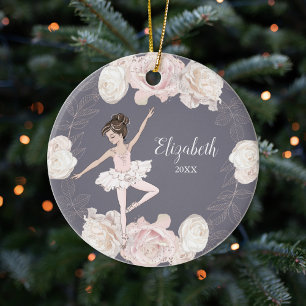 Rosa Floral Ballerina Braun Girl Personalisiert Keramik Ornament