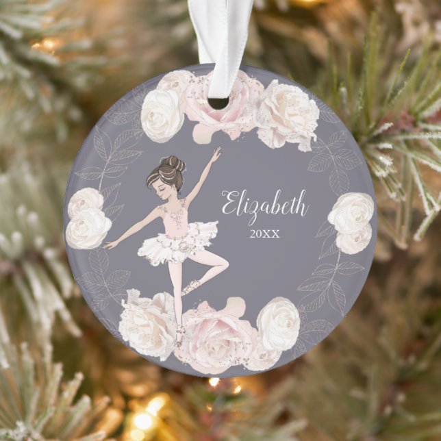 Rosa Floral Ballerina Braun Girl Personalisiert Ornament (Baum)