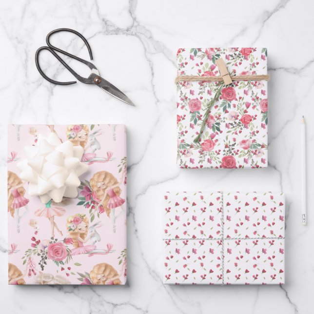 Rosa Floral Ballerina Geschenkpapier Set (Vorderseite)