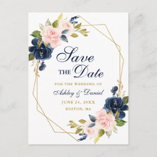 Rosa Floral Blau Gold Rahmen Save-the-Date-Postkar Ankündigungspostkarte