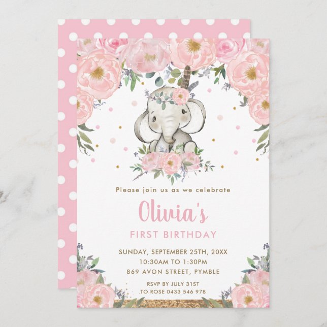 Rosa Floral Boho Tribal Elephant Girl 1. Geburtsta Einladung (Vorne/Hinten)