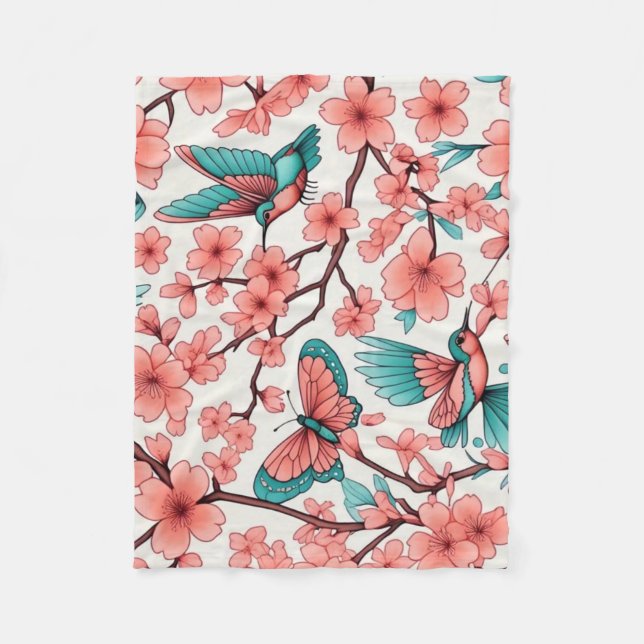 Rosa Floral Butterfly Hummingbirds Fleecedecke (Vorderseite)