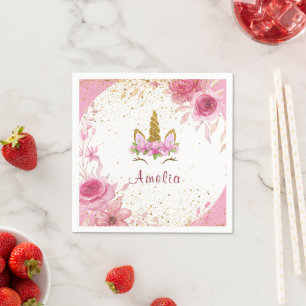 Rosa Floral  Einhorn Geburtstagsfeier Serviette