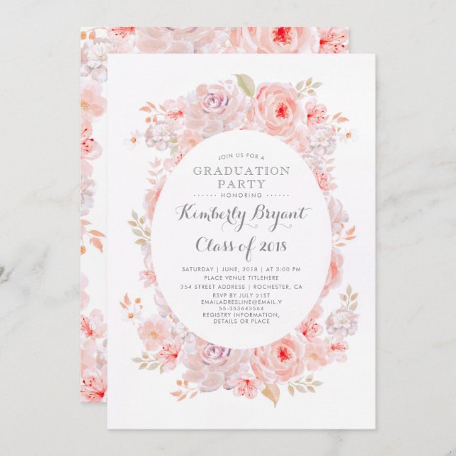 Rosa Floral | Elegante Vintag Graduierungspartei Einladung (Vorne/Hinten)