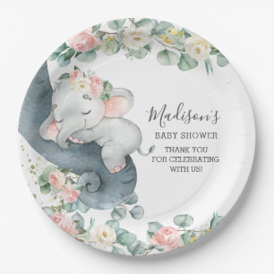 Rosa Floral Elephant Girl Babydusche Geburtstag  Pappteller