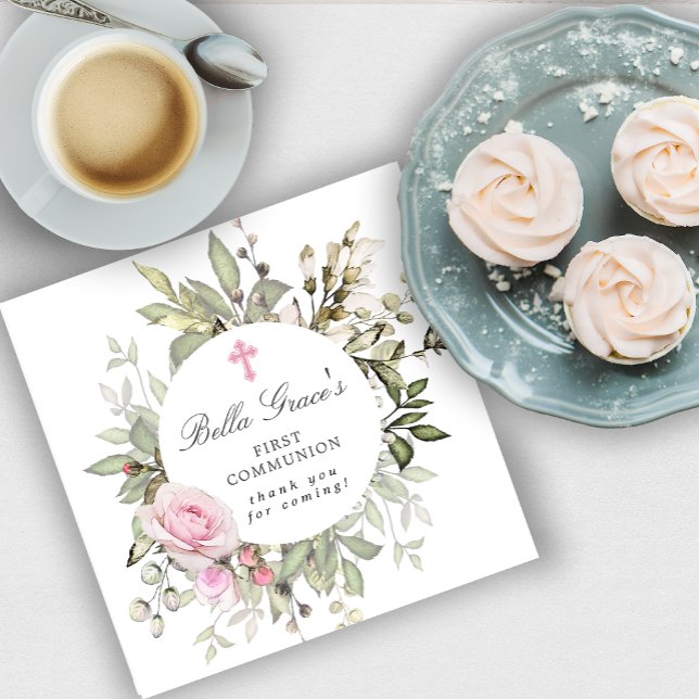 Rosa Floral Erste Kommune Serviette (Von Creator hochgeladen)