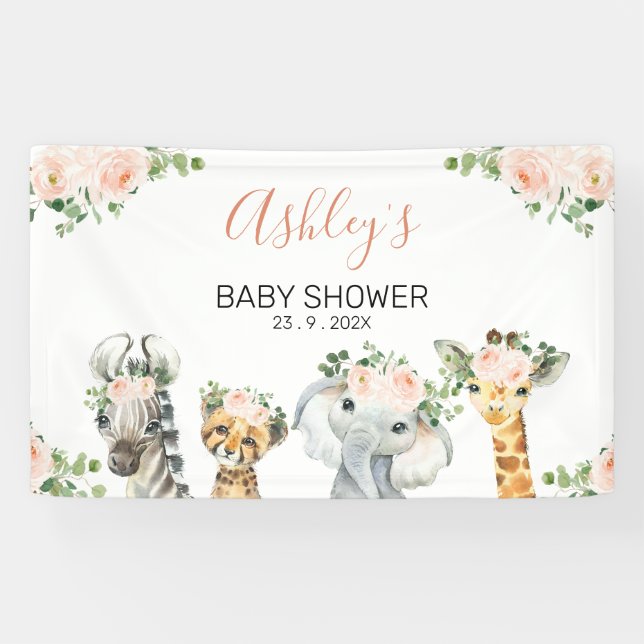 Rosa Floral Eucalyptus Safari Baby Dusche Banner (Horizontal)