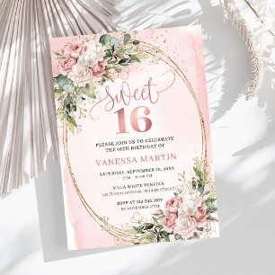 Rosa Floral Eucalyptus Sweet 16 Geburtstag  Einladung