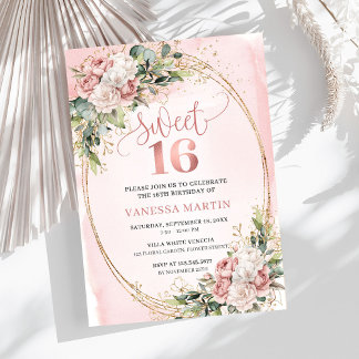 Rosa Floral Eucalyptus Sweet 16 Geburtstag Einladung