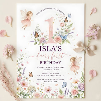 Rosa Floral Fee zum ersten Geburtstag Einladung