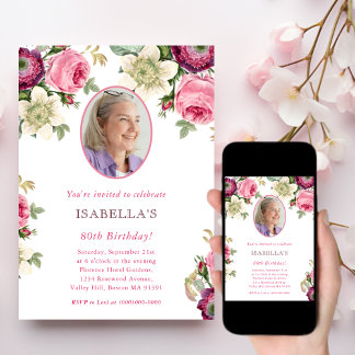 Rosa Floral | Foto Einladung zum Geburtstag