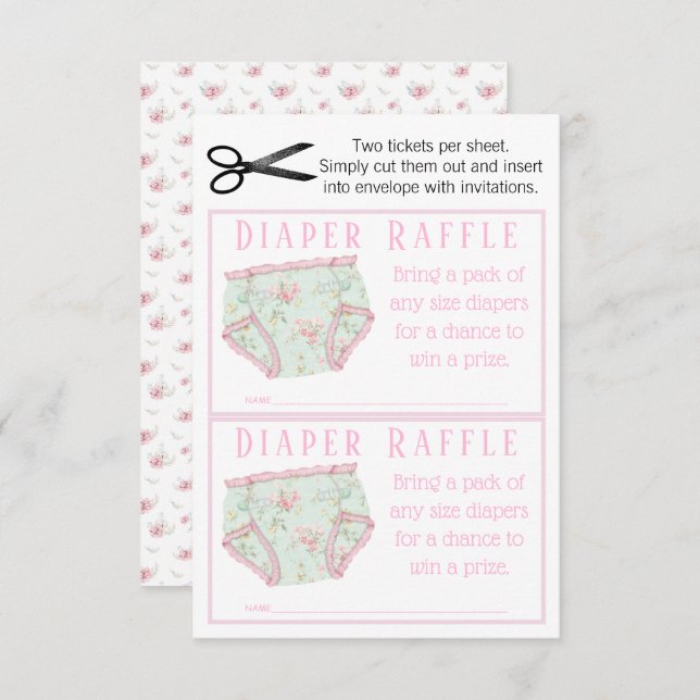 Rosa Floral Girl Diaper Raffeln Tickets Einladung (Vorne/Hinten)
