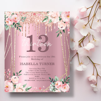 Rosa Floral | Glitzer 13. Geburtstagseinladung