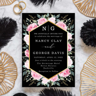 Rosa Floral Gold Blätter Black Monogram Wedding Einladung