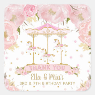 Rosa Floral Gold Carousel Mergo Runde Geburtstag Quadratischer Aufkleber