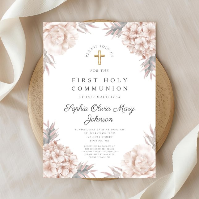 Rosa Floral Gold Cross Religiöse Erste Kommunion Einladung (Pink Floral Gold Cross Religious First Communion Invitation)