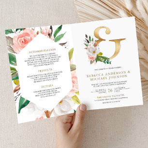 Rosa Floral Gold Et-Zeichen QR-Code Hochzeit Einladung
