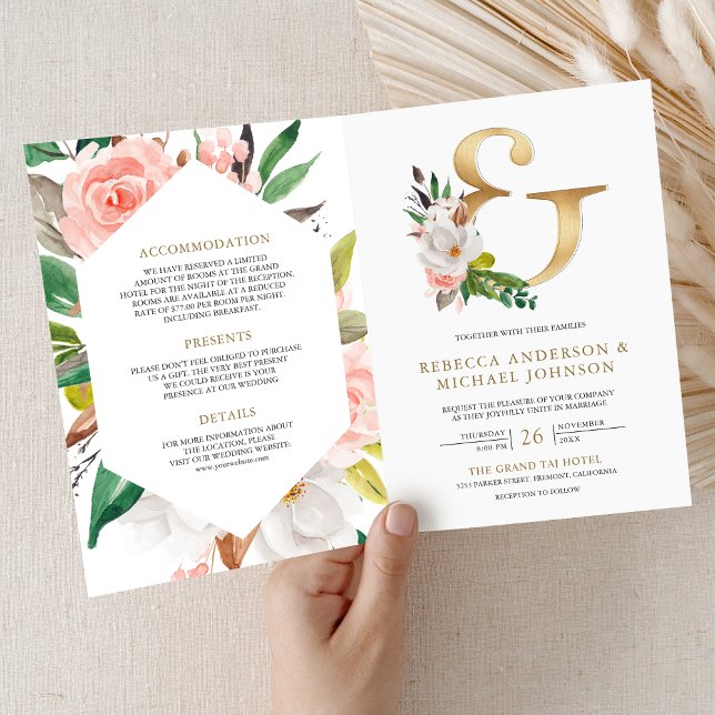 Rosa Floral Gold Et-Zeichen QR-Code Hochzeit Einladung (Von Creator hochgeladen)