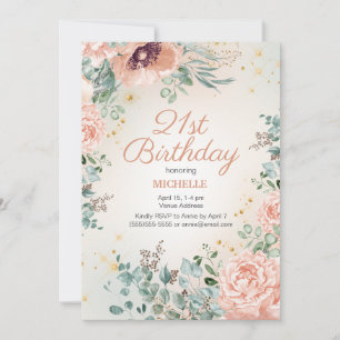 Rosa Floral Gold Glitzer 21. Geburtstag Einladung