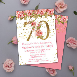 Rosa Floral Gold Glitzer 70. Geburtstagsparty Einladung