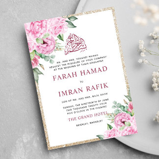 Rosa Floral Gold Glitzer Islamische Hochzeit Einladung