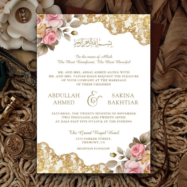 Rosa Floral Gold Lace QR Code Muslime Hochzeit Einladung (Von Creator hochgeladen)