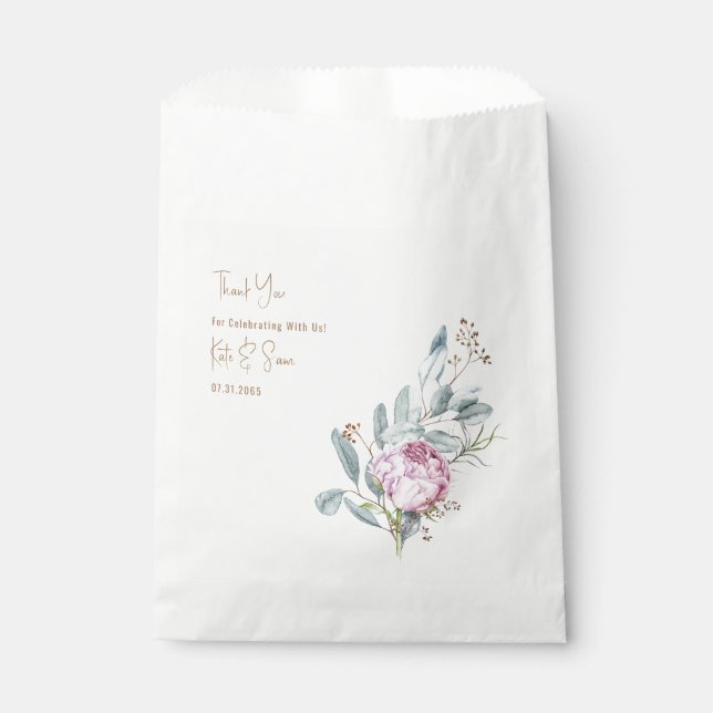 Rosa Floral Gold Text White Wedding Geschenktütchen (Vorderseite)