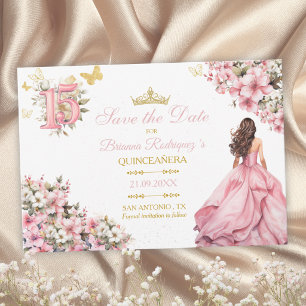 Rosa Floral Goldene Schmetterlinge Quinceañera Save The Date