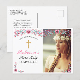 Rosa Floral Goldenes Kreuz Erstkommunion Dankeschö Postkarte