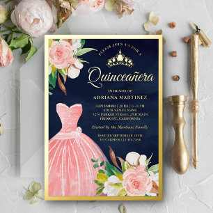 Rosa floral Kleid Navy Blau Quinceanera Gold Folieneinladung