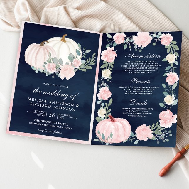 Rosa Floral Kürbis QR Code Navy Hochzeit Einladung (Von Creator hochgeladen)