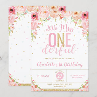 Rosa Floral Little Miss Onederderty 1. Geburtstag Einladung